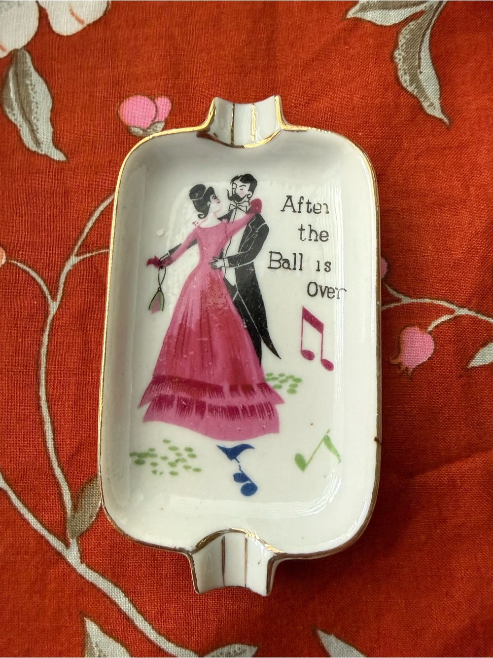 Vintage “After the Ball Is Over” Porcelain Bridge Ashtray Japan 3¾” Trinket Dish